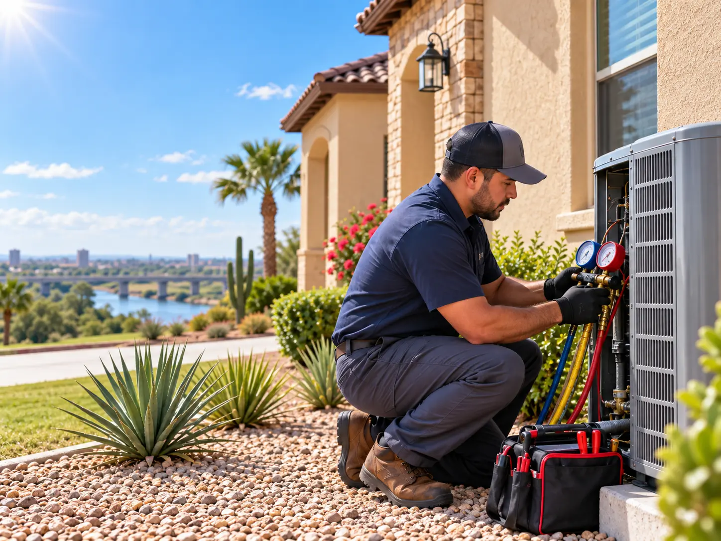 Technician connecting gauges to an outdoor air conditioning unit on a sunny South Texas afternoon