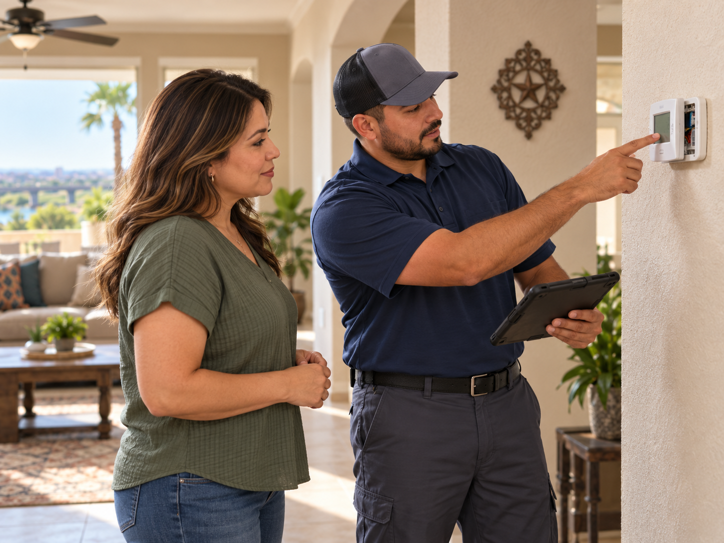 Technician showing a homeowner the thermostat settings in a living room