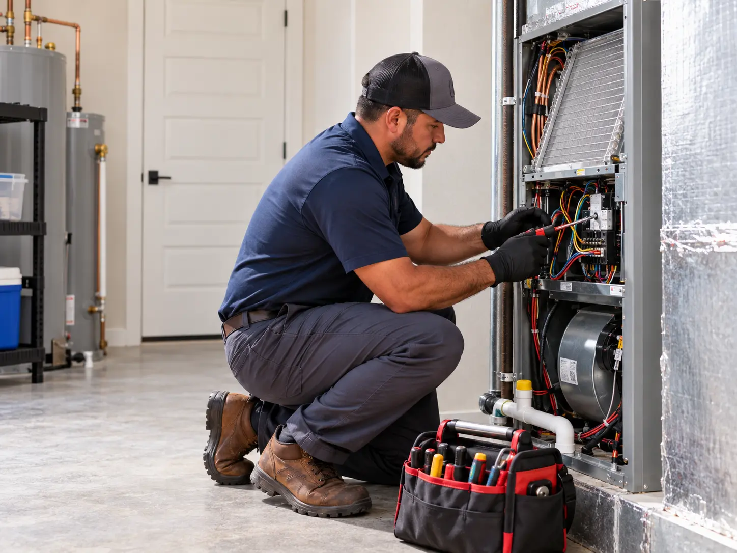 Technician servicing electrical controls inside an indoor air handler cabinet